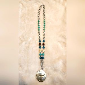 Coin Shell Necklace. Pearl. Silver. Wood. Teal. Aqua. Green.